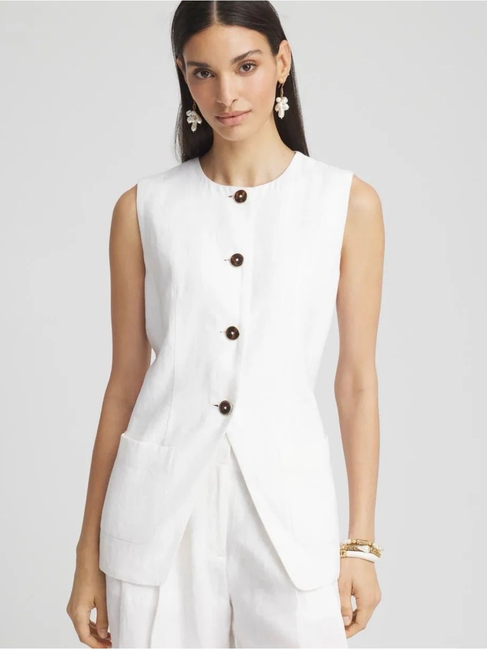 Chicos Linen Button Vest Size 1- L White Coastal Resort Vacation Ethereal Chic